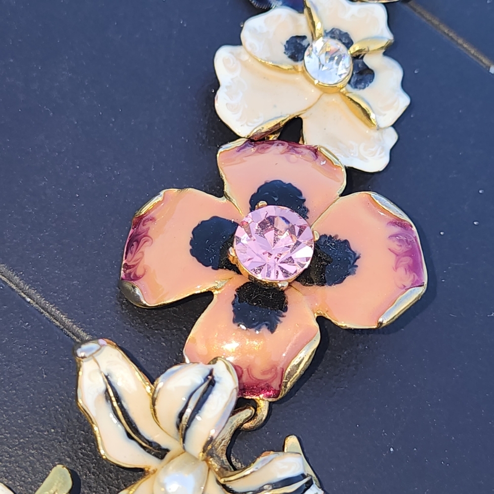 Vintage Kenneth Jay Lane KJL Signed Floral Link Bracelet - Pink & White Enamel